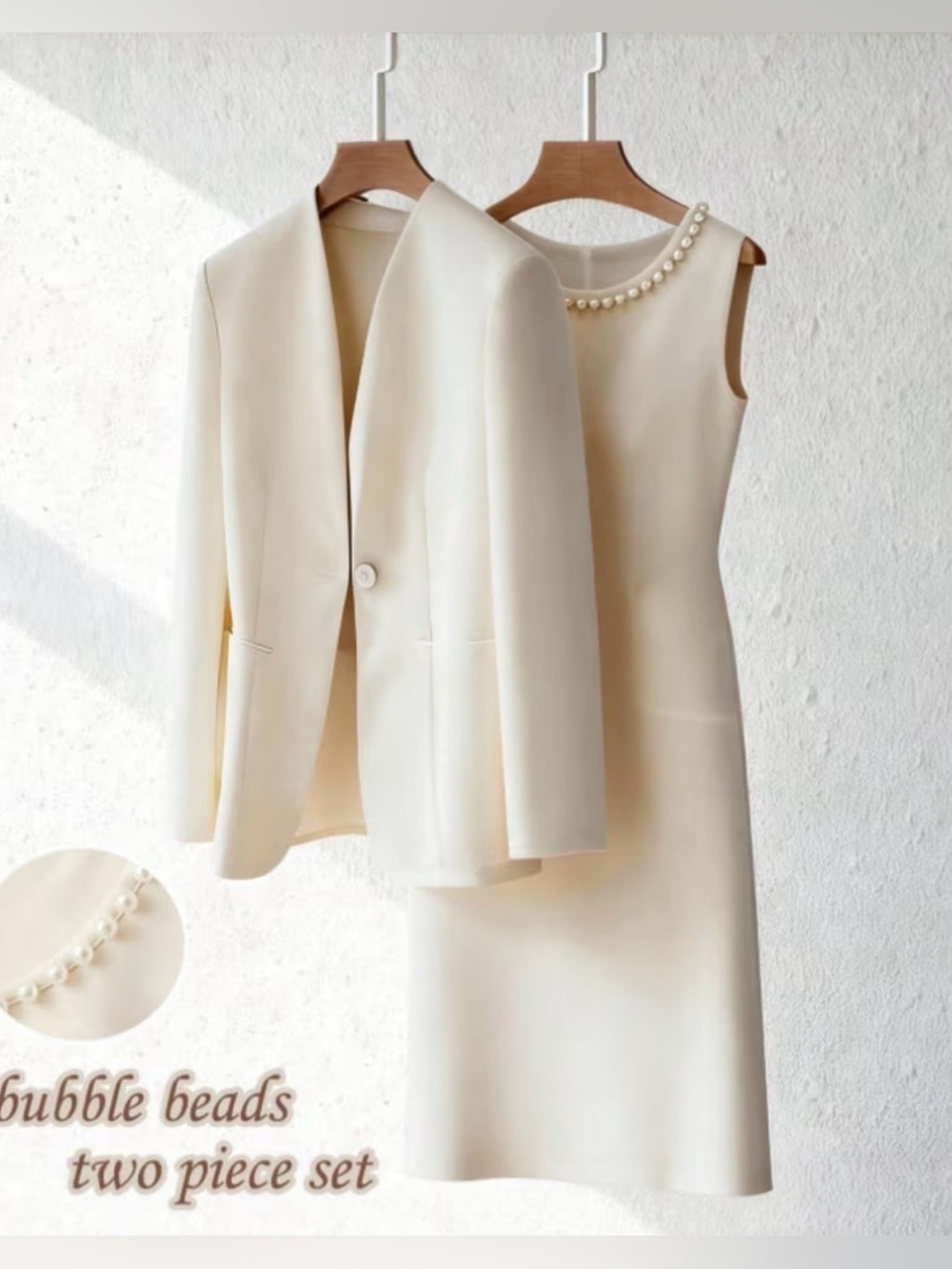 Elegant Women’s Cream Pearl-Trim Sleeveless Dress with Matching Blazer Size L
